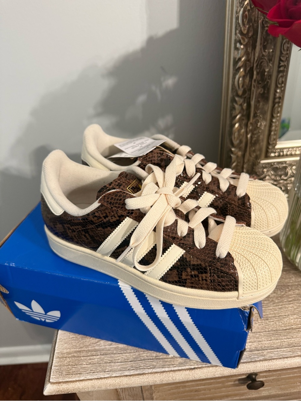 adidas Cream & Brown Snake-Print Superstar Sneakers